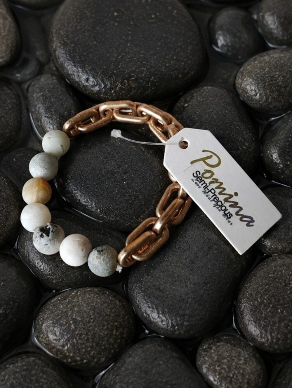 Pomina Natural Semi Precious Stone Amazonite? Gold Tone Link Chain Bracelet NWT